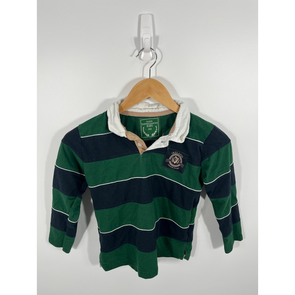 Croker Kids Boy Rugby Polo Shirt 8yr Green Stripe Ireland Old Money Quiet Luxury